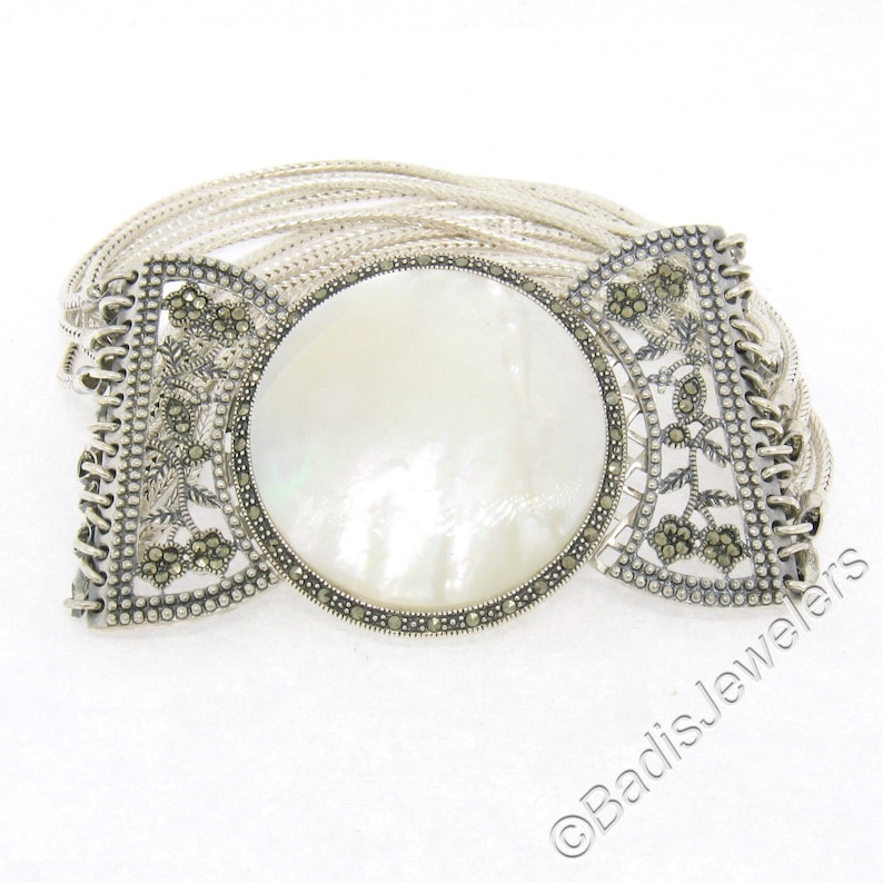 7.5 Sterling Silver Marcasite Drenched Large Round Cabochon Cut Mother of Pearl Stone w Multi Franco Link Strand Chain 1.5in Wide Bracelet