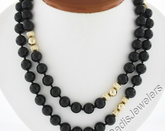 Lange 35" 10 mm ronde zwarte onyx strengketting met 14k geelgouden kraalstations