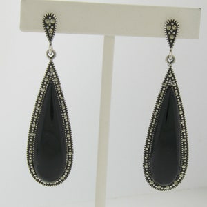 Onyx Filigree Elongated Tear Drop Sterling Silver Post