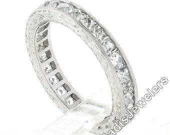 Vintage Retro Platinum 3.0ctw Square French Cut Channel Set Diamond with Hand Engraved Sides Stackable Wedding Eternity Band Ring