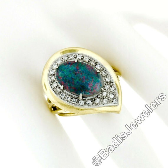 Large Vintage 18k Gold Triplet Black Opal 0.60ctw… - image 3