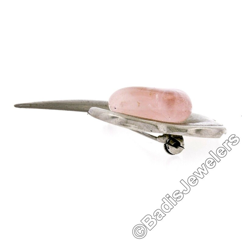 Vintage Beautiful Sterling Silver Double Cabochon Cut Light Pink Quartz Outstanding Textured Crescent Pin Brooch in Excellent Condition