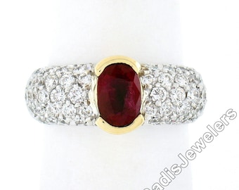 NEW 14k Two Tone Gold 2.61ctw GIA Certified Burma Oval Cut Ruby Solitaire w/ Round Brilliant Pave Set Diamond Sides Statement Cocktail Ring