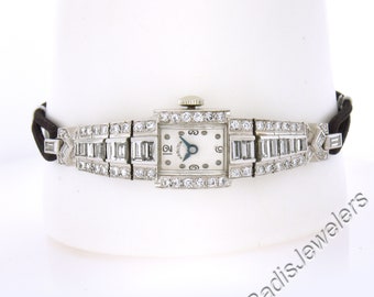 Vintage Hamilton Platinum 2.54ctw Tapered Baguette & Round Cut Diamond Fancy Dress Wrist Watch