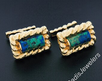 David Webb 18k Yellow Gold & Azurmalachite Lassoed Cylinder Hammered Swivel Cuff Links w/ Original Finish and Patina Preserved