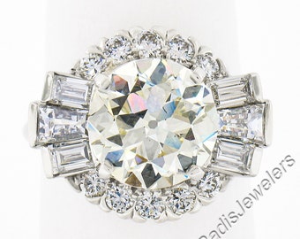 Vintage Atemberaubende Platin GIA zertifizierte 5.56ctw alten Kreis Brilliant Cut & Baguette Diamant Verlobung oder Statement Cocktail Ring