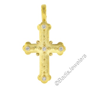 Elizabeth Locke 19 Yellow Gold 0.15ctw Diamond Large Byzantine Cross Pendant w/ Enhancer Bail and Original Finish and Patina Preserved