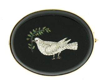 Antique Victorian 14k Yellow Gold Micro Mosaic Dove Bird w/ Tree Branch on Black Onyx Oval Pin Brooch with Original Patina