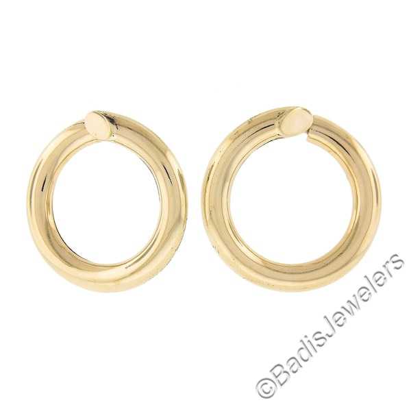 Estate Solid 14K Yellow Gold Large Smooth Polished Tubes 34mm Round Hollow Design Hoop Earrings w/ Posts with Snap Closures