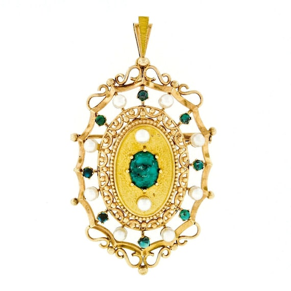 Vintage 18k Gold Oval Turquoise & Round Pearl Ope… - image 1