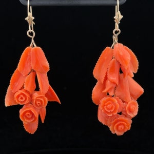 Antique Victorian Natural Carved Coral Rose Bouquet Dangle Drop Earrings