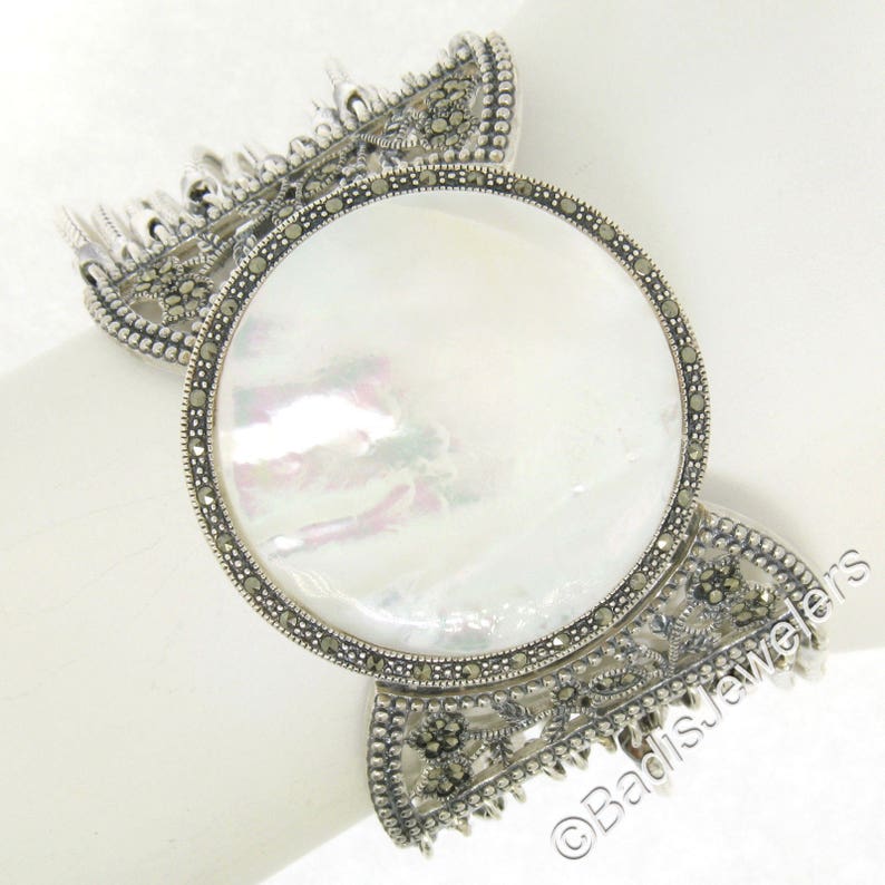 7.5 Sterling Silver Marcasite Drenched Large Round Cabochon Cut Mother of Pearl Stone w Multi Franco Link Strand Chain 1.5in Wide Bracelet