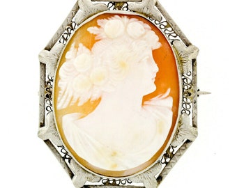 Antieke 14K goud gesneden shell cameo hand geëtst Floral filigraan broche hanger