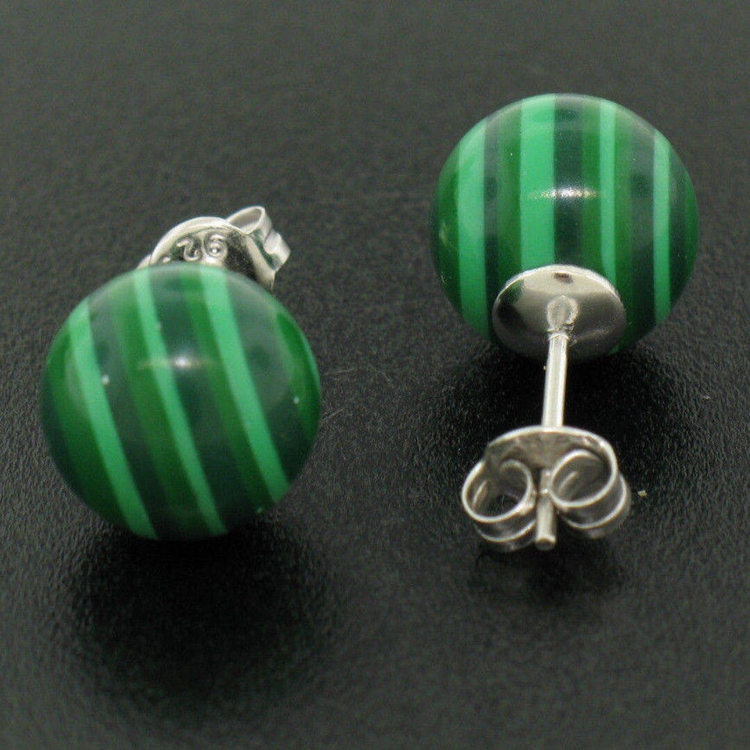 10mm Green Malachite Round Gemstone Bead Dangle Earrings With Silver Leverback