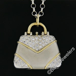 Colgante de medallón funcional para bolso, en oro macizo de 14 quilates de dos tonos, con 1,25 ct de diamantes y doble acabado, con cadena de eslabones Rolo de 63 cm.
