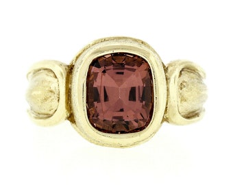 Estate Magnificent 18k Yellow Gold 2.38ctw Bezel Set Cushion Cut Peach Pink Garnet Solitaire Ring w/ Unique Stone Finish