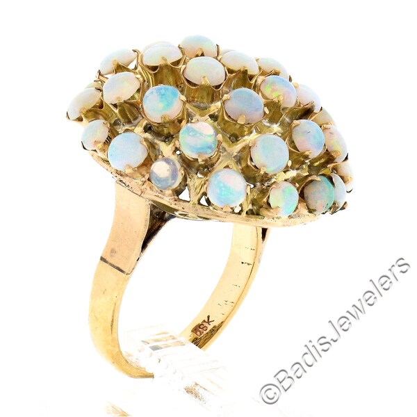 Estate Large 18k Yellow Gold Round Cabochon Prong Set Opal Sputnik Domed Bombe Statement cocktail Ring with Original Patina