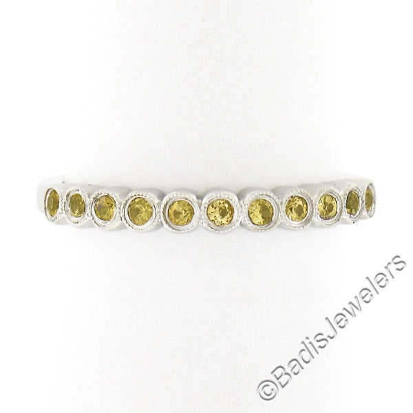 Estate 18k White Gold 0.30ctw Round Brilliant Cut Yellow Sapphire Milgrain Bezel Set Stackable Band Ring in Like New Condition