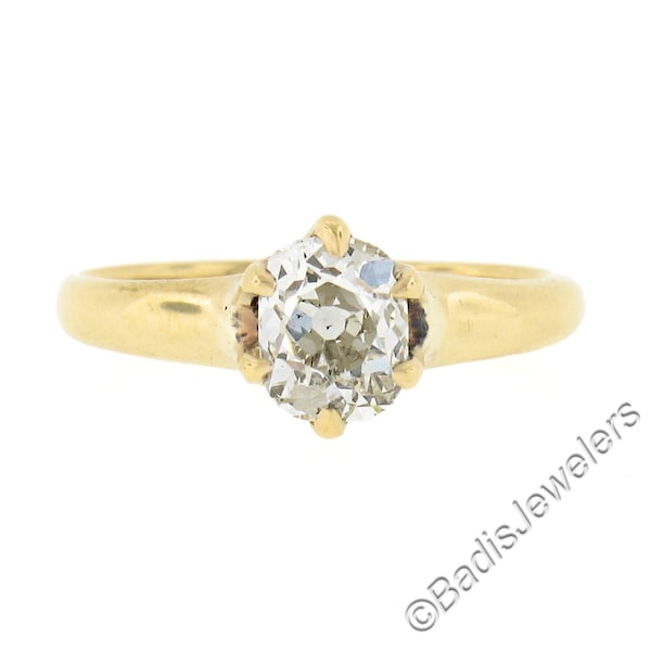 Antique Victorian 14k Yellow Gold 0.82ct Elongated Old Mine Cushion Cut Claw Prong Set Diamond Solitaire Engagement or Promise Ring