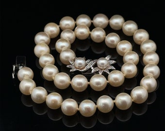 Vintage 10mm Perle 14k Weißgold Diamant Blume Spray Verschluss Choker Halskette