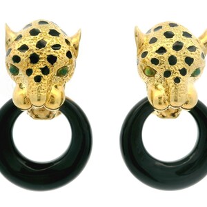 Gold Tourmaline W/ Enamel Panther Leopard Earrings W/ Black Stone Hanging Rings