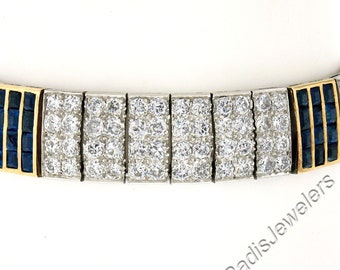 6.5" Antique French 18K Yellow Gold & Platinum 17.85ctw Old European Pave Diamond and Square Channel Sapphire Wide Line Statement Bracelet