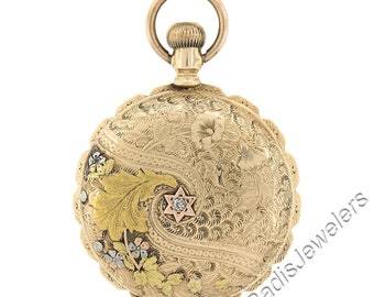 Antique Elgin 7j 6s Grade 117 Pocket Watch w/ 14k Yellow, Green & White Gold Floral Etched Hunter Case