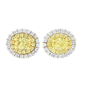 NEW Elegant 18K Two Tone Yellow and White Gold 1.0ctw Oval Brilliant Cut Fancy Yellow & White Diamond Dual Halo Stud Earrings