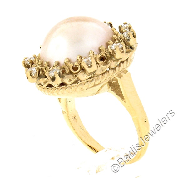Estate 14K Yellow Gold Large 14mm Mabe Pearl w/ 0… - image 2