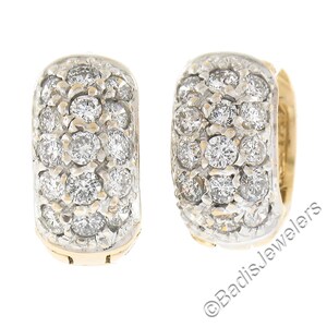 Estate Solid 14k Two Tone Gold 0.65ctw Round Brilliant Cut Pave Set Diamond Small Puffed Hoop Huggie Earrings w/ Snap Closures