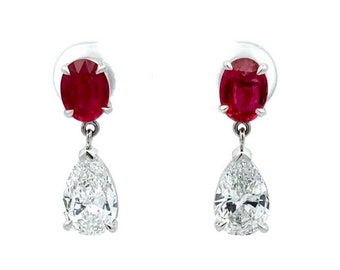 New Platinum 4.22ctw GIA Graded Oval No Heat Red Ruby & Pear Brilliant Cut Diamond Drop Dangle Earrings w/ Sturdy Butterfly Closures