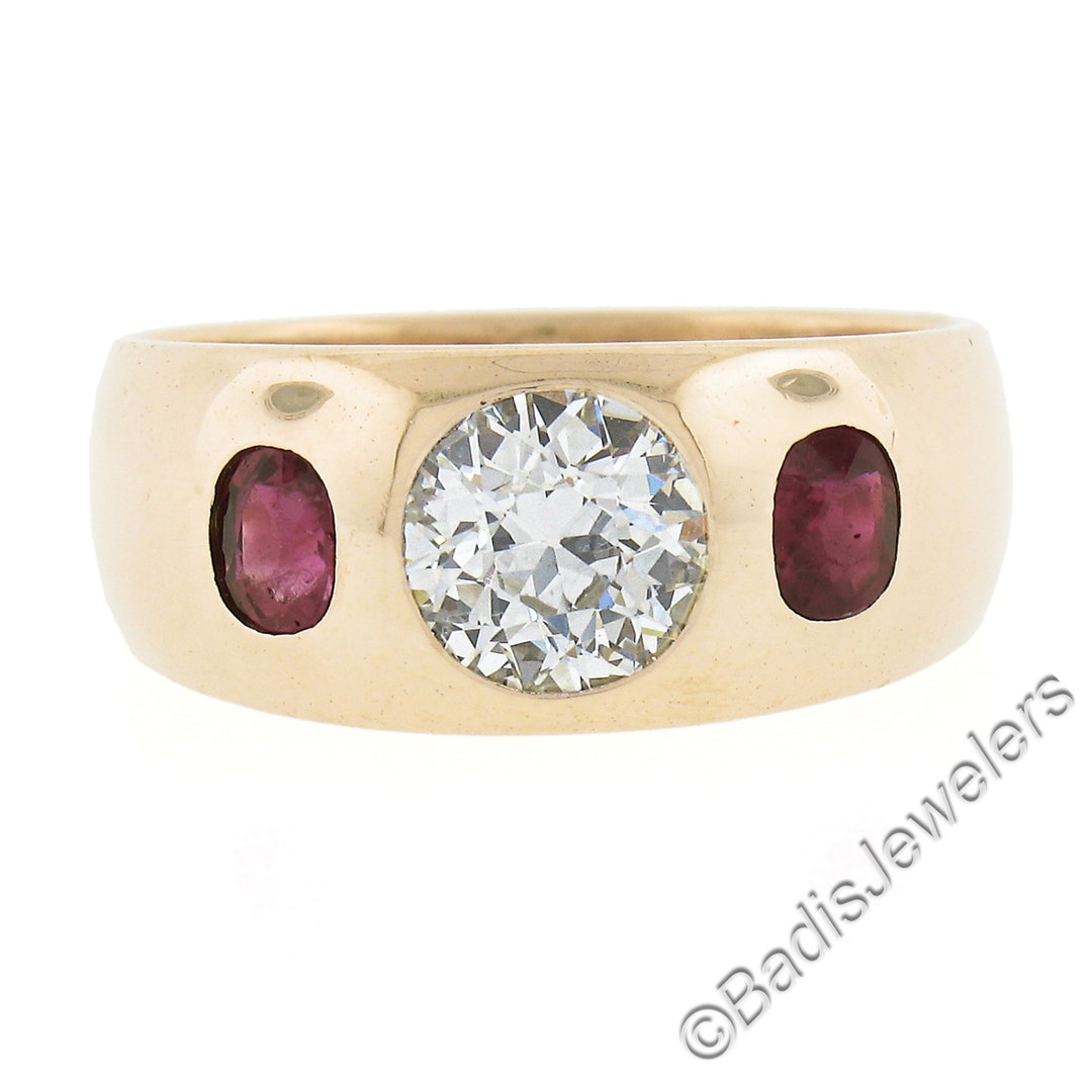 Antique Men's 14K Yellow Gold 1.12ct Old European Diamond & Ruby 3 ...