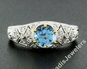 NEW 18k Two Tone Gold 0.95ctw Round Brilliant Aquamarine Solitaire w Pave Set Diamond Milgrain Engraved Work Engagement or Promise Ring