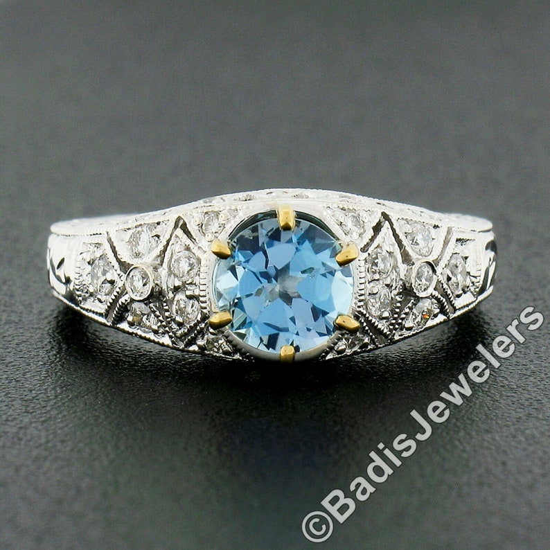 NEW 18k Two Tone Gold 0.95ctw Round Brilliant Aquamarine Solitaire w/ Pave Set Diamond Milgrain & Engraved Work Engagement or Promise Ring image 1