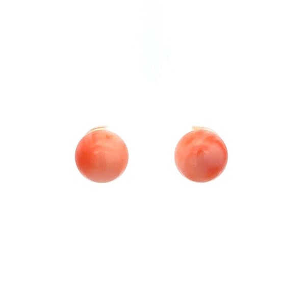 Vintage Solid 14K Yellow Gold 9.1mm Bead Ball Angel Skin Coral Stud Earrings w/ Butterfly Closures