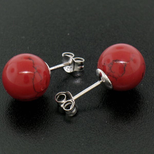 Sterling Silver Simple Elegant 10mm Round Red Coral Ball Bead Stud Earrings