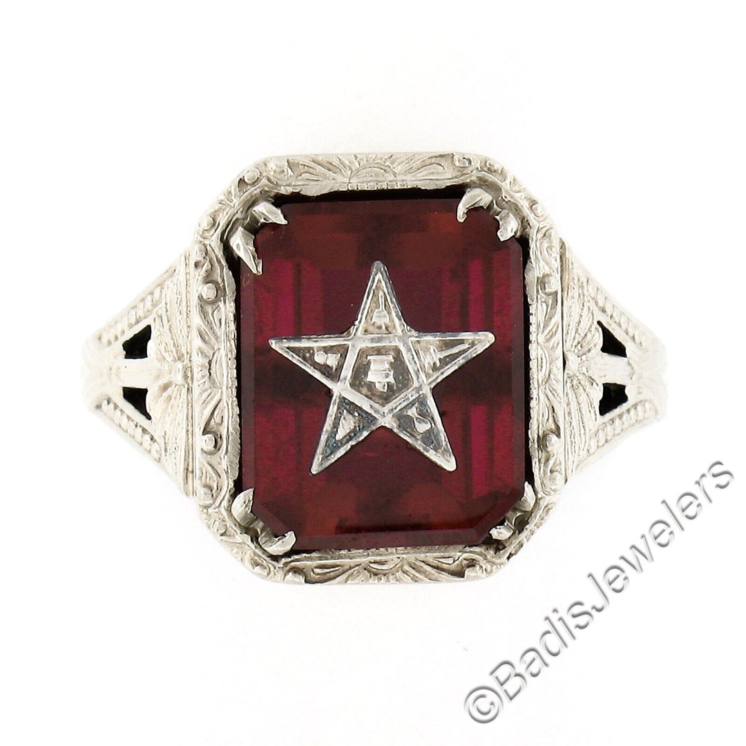 Antique Art Deco 14K White Gold Emerald Cut Dual Prong Set Red