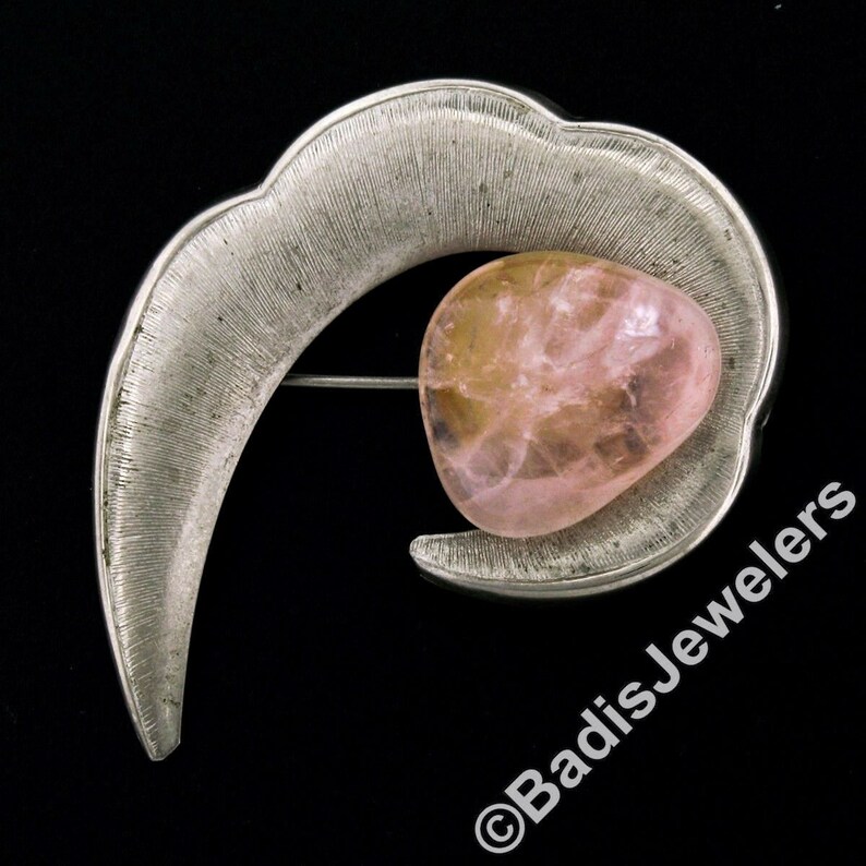 Vintage Beautiful Sterling Silver Double Cabochon Cut Light Pink Quartz Outstanding Textured Crescent Pin Brooch in Excellent Condition
