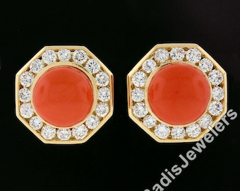 Vintage 18k Yellow Gold 10.25mm Reddish-Orange Coral w/ 2.50ctw Round Brilliant Channel Diamond Octagonal Button Clip-On Earrings