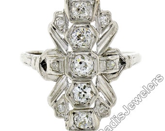 Antique Art Deco 14K White Gold 0.60ctw Old European & Single Cut Diamond Unique Open Milgrain Cocktail Dinner Ring