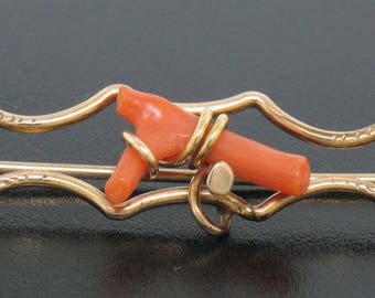 Antique VICTORIAN 10K Solid Yellow Gold Open Pin Brooch with Natural Red Branch Coral with Hand Engraving