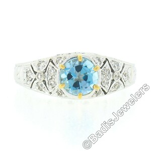 NEW 18k Two Tone Gold 0.95ctw Round Brilliant Aquamarine Solitaire w/ Pave Set Diamond Milgrain & Engraved Work Engagement or Promise Ring image 6