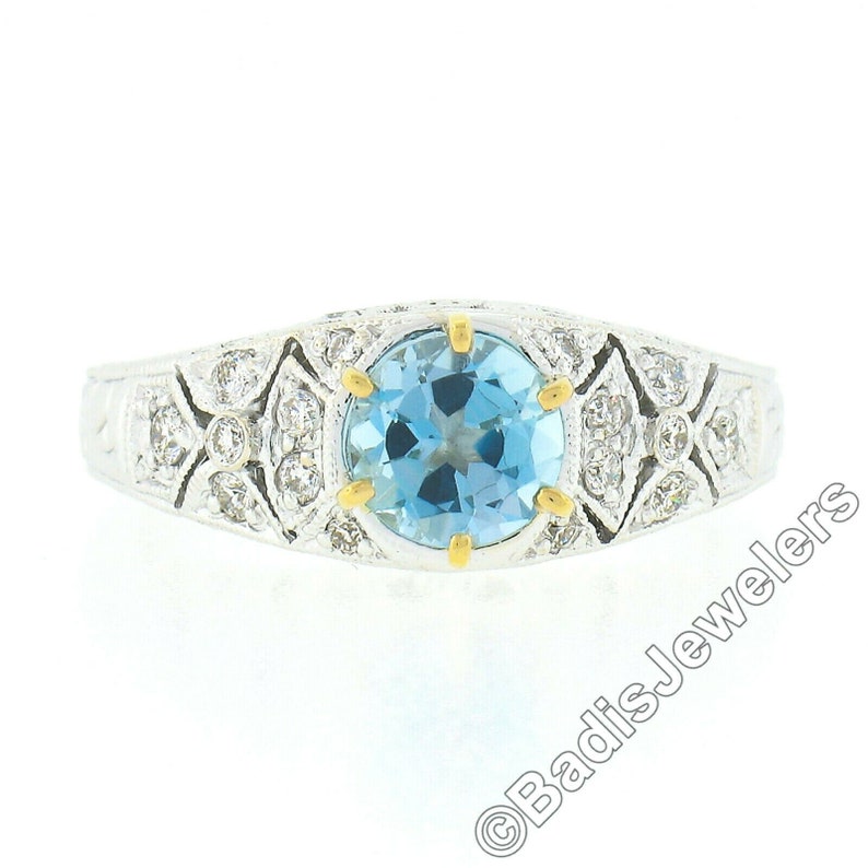 NEW 18k Two Tone Gold 0.95ctw Round Brilliant Aquamarine Solitaire w/ Pave Set Diamond Milgrain & Engraved Work Engagement or Promise Ring image 6