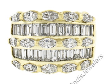 18k Yellow Gold 5 Row 4.50ctw Baguette & Marquise Diamond 15.1mm Wide Statement Band Ring in Excellent Condition!