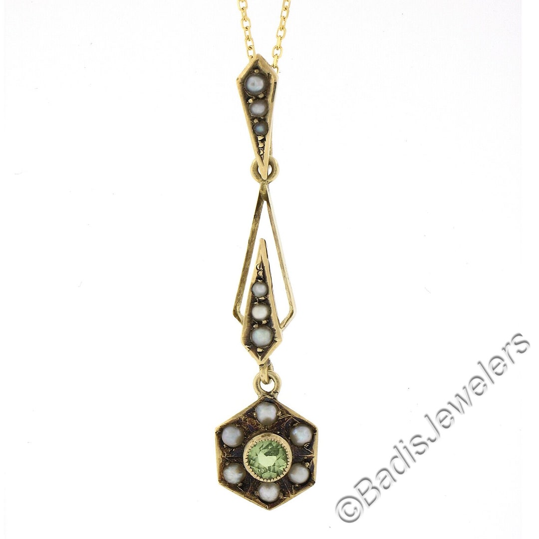 Antique 14K Yellow Gold Peridot Seed Pearl Lavalier Pendant on - Etsy