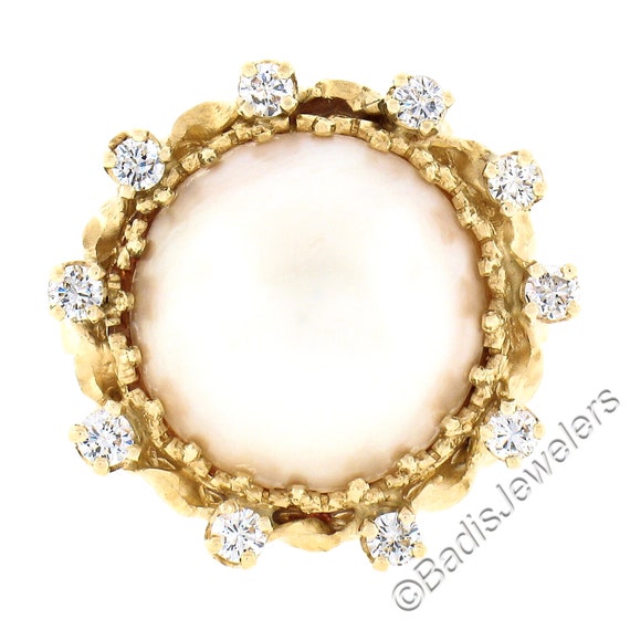 Estate 14K Yellow Gold Large 14mm Mabe Pearl w/ 0… - image 5