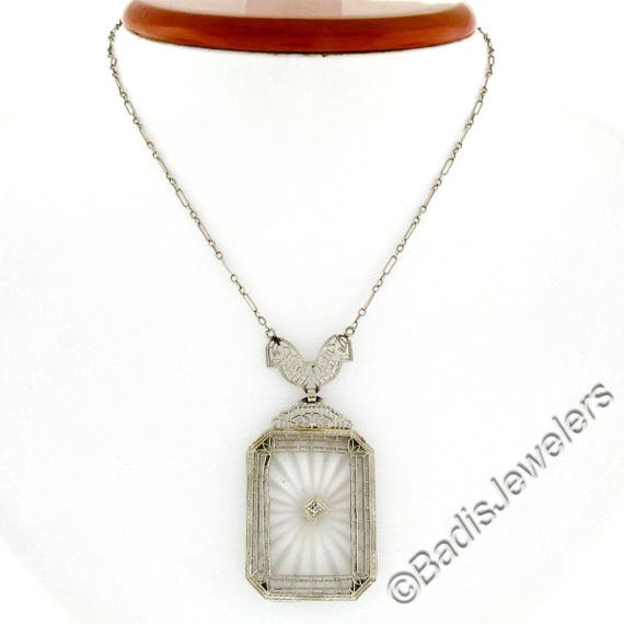 Antique Art Deco Solid 14K White Gold 19" Large E… - image 1