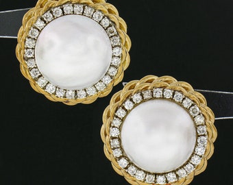 Vintage 18K Yellow Gold Large 15-15.4mm Mabe Pearl w/ Round Brilliant Diamond Halo & Dual Twisted Wire Work Border Statement Button Earrings
