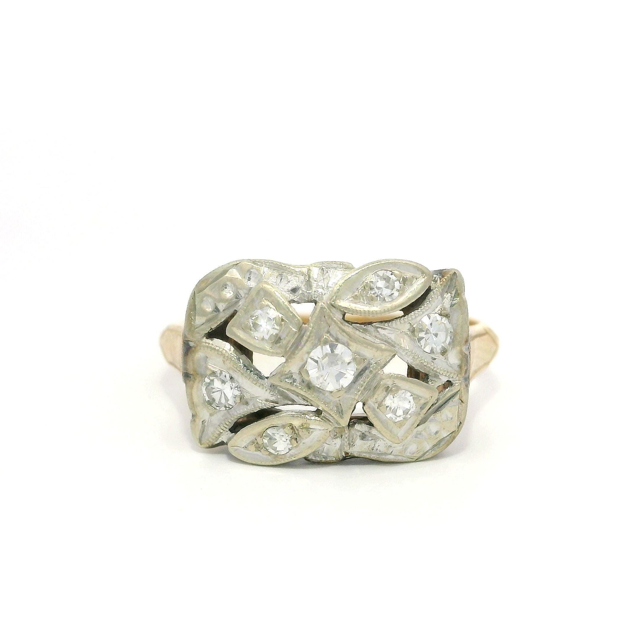 Antique Art Deco Tt Gold 0.15ctw Diamond Cushion Ribbon Dinner Band Ring