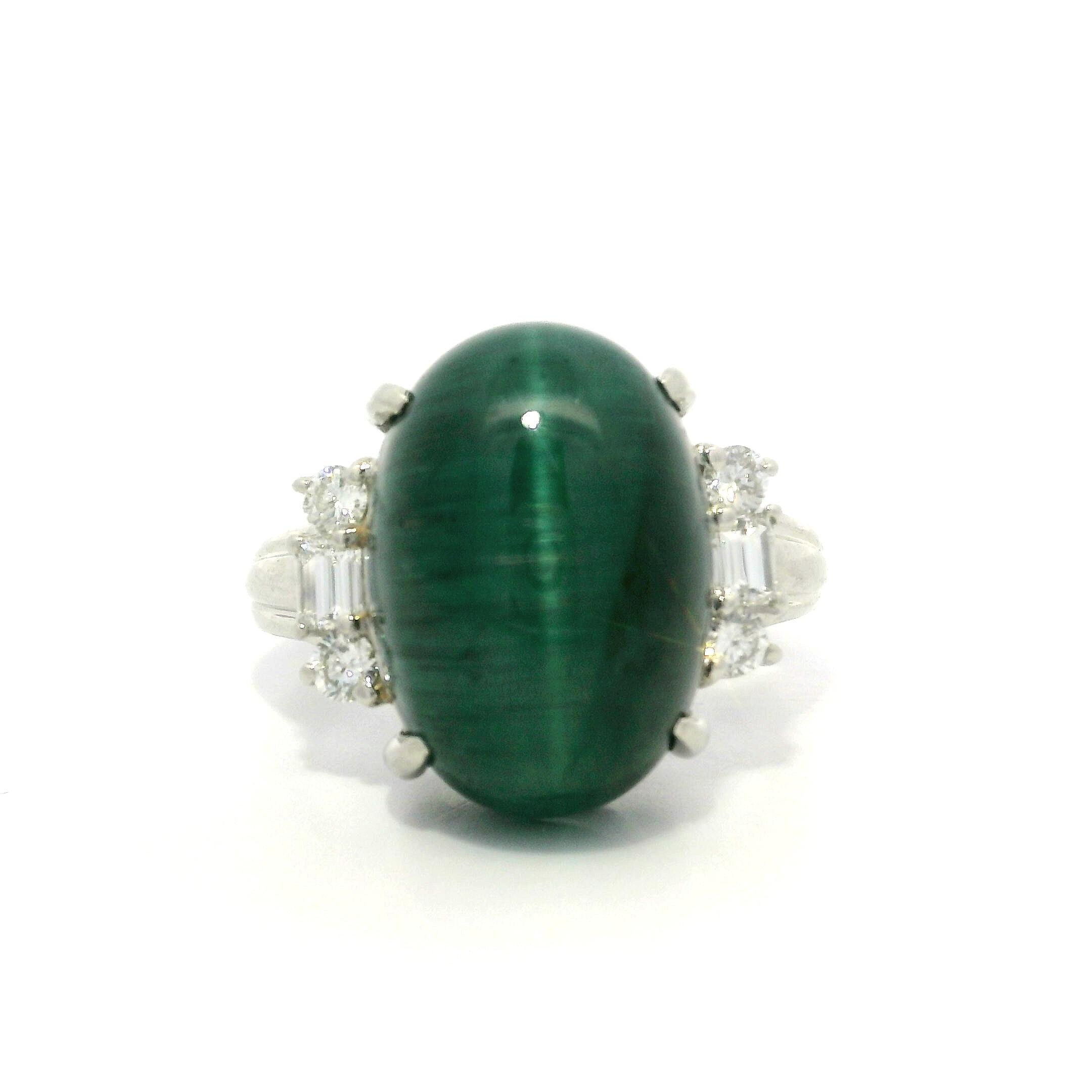 Vintage Platinum Gia 11.46ctw Cat's Eye Green Tourmaline & Diamond Sides Ring